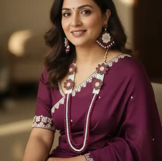 Three-strand macrame necklace set styled with a saree for festive wear, in white and jamun with glass beads and faux pearls