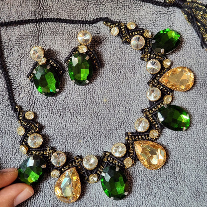 party wedding necklace set green stone topaz gold stone necklace set wedding  bridal jewellery sangeet mehendi haldi reception 