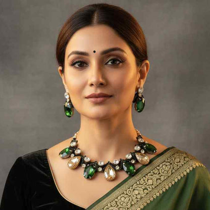 party wedding necklace set green stone topaz gold stone necklace set wedding  bridal jewellery sangeet mehendi haldi reception 