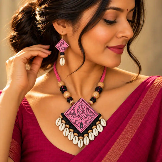 Vyanjana pink fabric necklace set