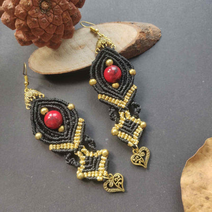 macrame bead dangler earrings with heart charm and beads