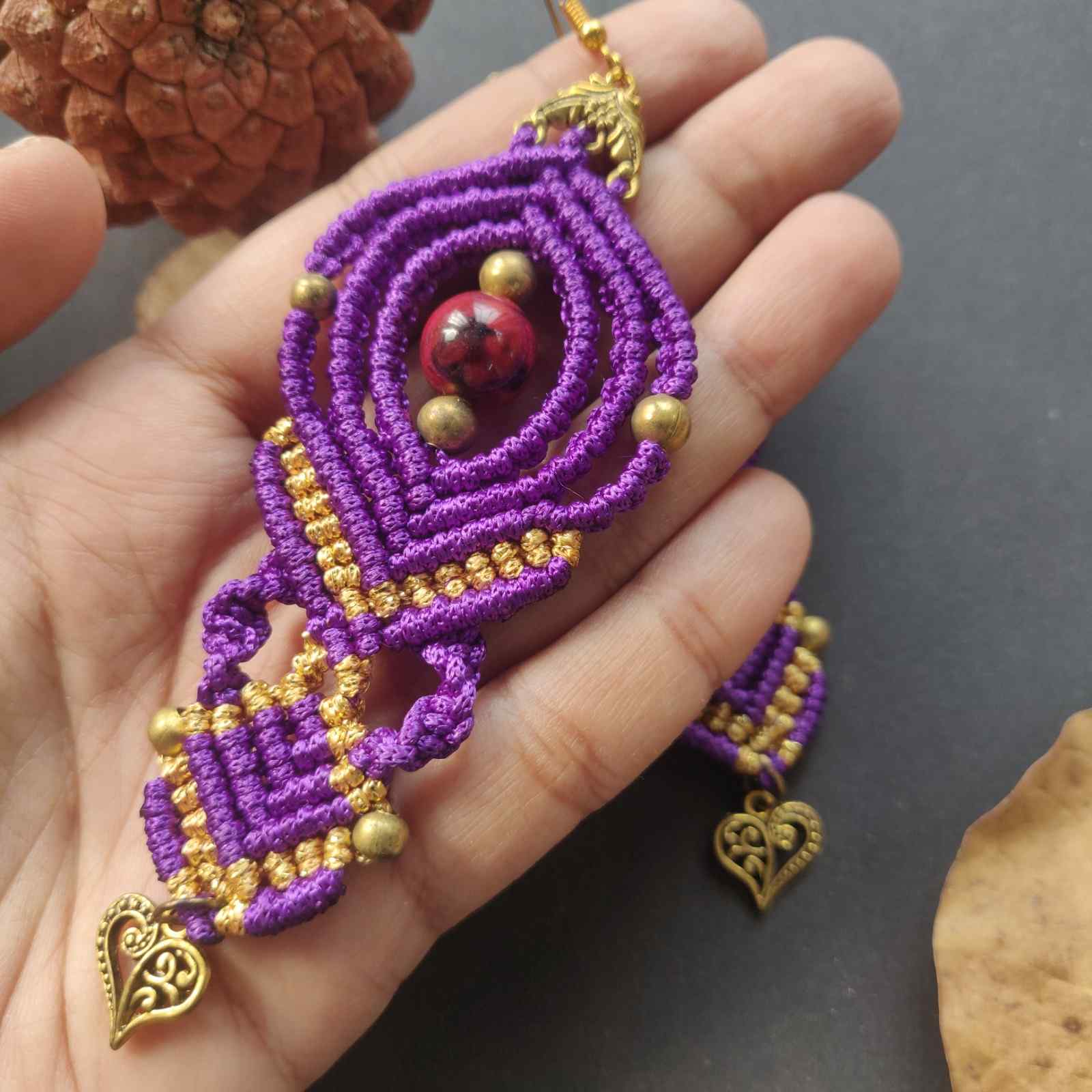 macrame bead dangler earrings with heart charm and beads