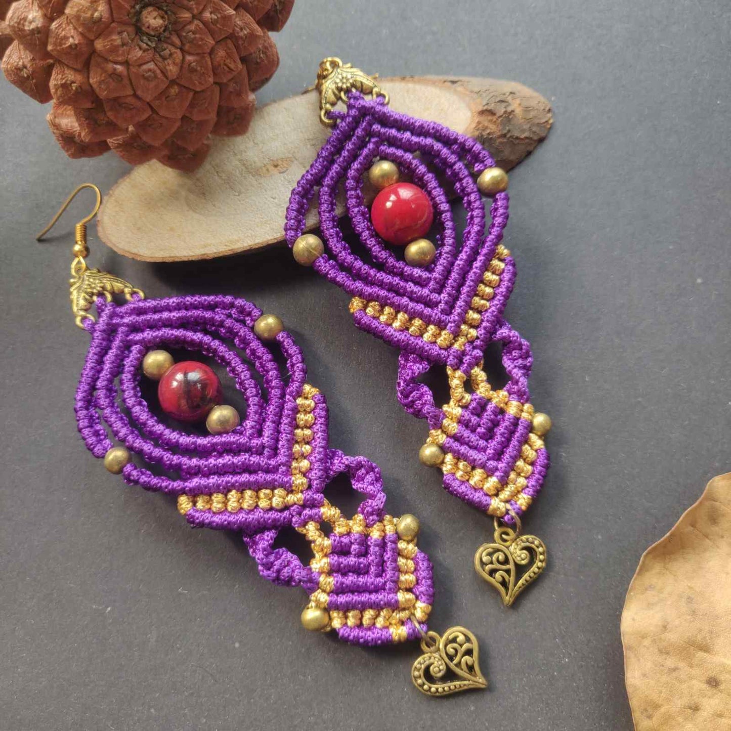 macrame bead dangler earrings with heart charm and beads