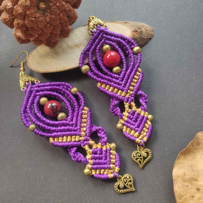 macrame bead dangler earrings with heart charm and beads