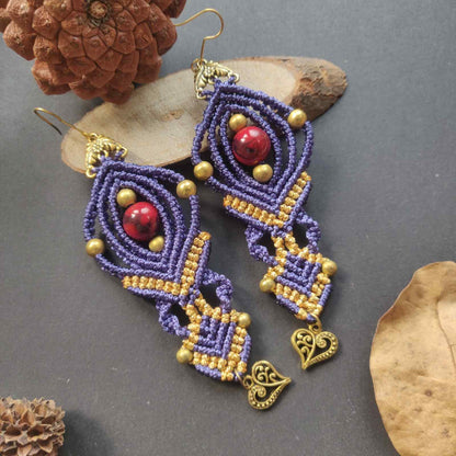 macrame bead dangler earrings with heart charm and beads