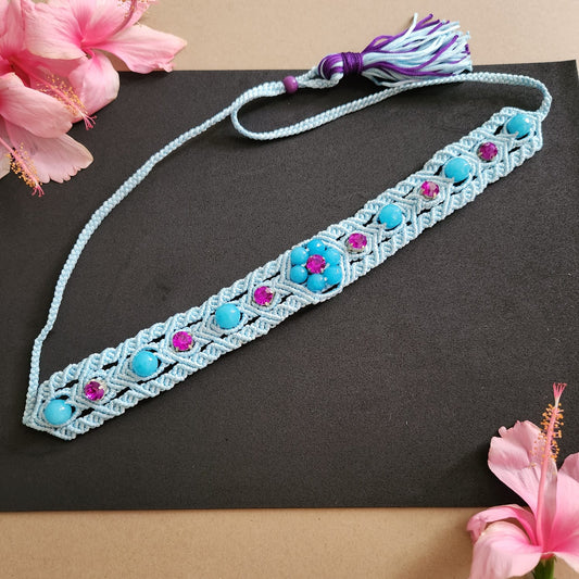 macrame choker in light blue with blue agate beads and purple stones statement choker necklace macrame necklace office wear daily wear choker