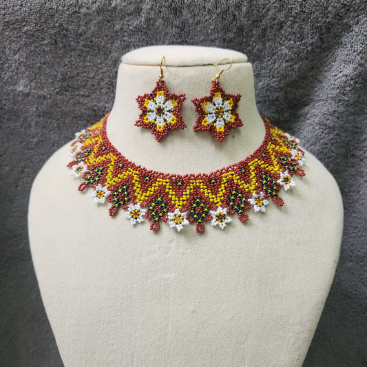 brick red necklace yellow bead jewellery daisy necklace set floral necklace casual wear jewellery for office formal wear wedding jewellery for mehndi sangeet haldi