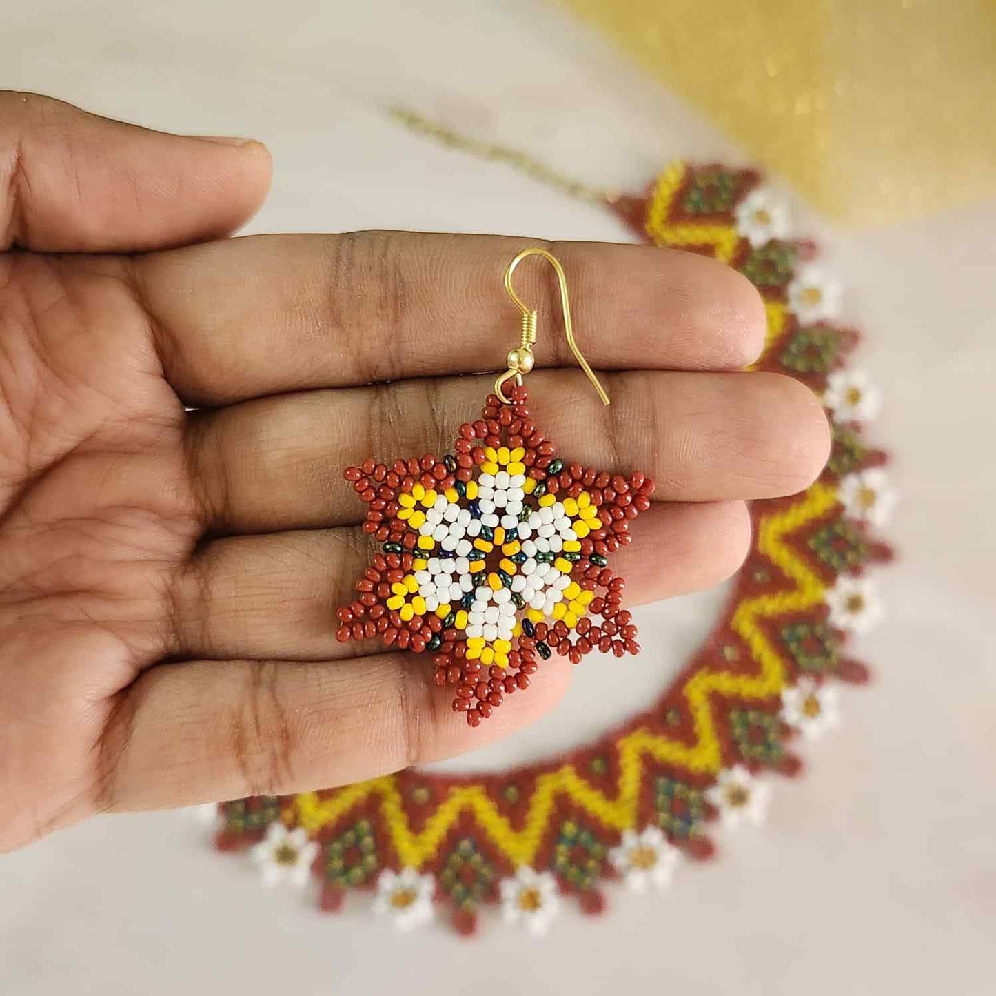 brick red necklace yellow bead jewellery daisy necklace set floral necklace casual wear jewellery for office formal wear wedding jewellery for mehndi sangeet haldi