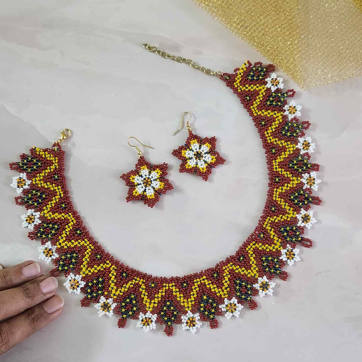 brick red necklace yellow bead jewellery daisy necklace set floral necklace casual wear jewellery for office formal wear wedding jewellery for mehndi sangeet haldi