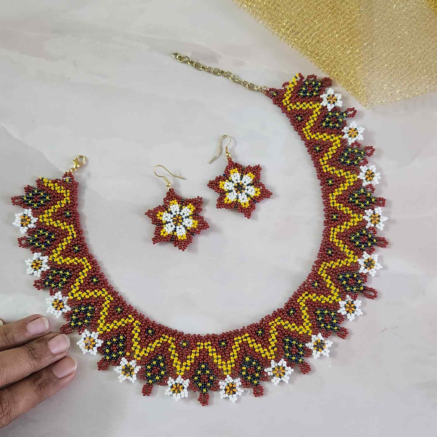 brick red necklace yellow bead jewellery daisy necklace set floral necklace casual wear jewellery for office formal wear wedding jewellery for mehndi sangeet haldi