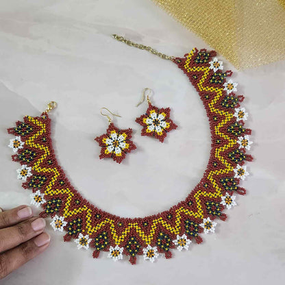 brick red necklace yellow bead jewellery daisy necklace set floral necklace casual wear jewellery for office formal wear wedding jewellery for mehndi sangeet haldi