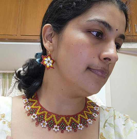 brick red necklace yellow bead jewellery daisy necklace set floral necklace casual wear jewellery for office formal wear wedding jewellery for mehndi sangeet haldi