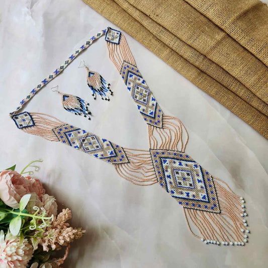 pink pastel bead necklace set layered necklace geometric pattern native american design necklace for office wear party wear wedding haldi mehndi sangeet jewellery