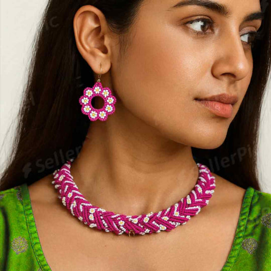 model wearing floral necklace bead jewellery short necklace daisy flower motif partywear necklace floral earrings