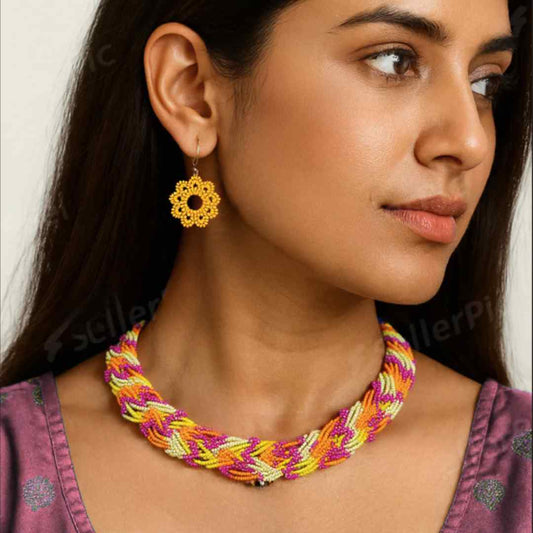 model wearing floral necklace bead jewellery short necklace daisy flower motif partywear necklace floral earrings