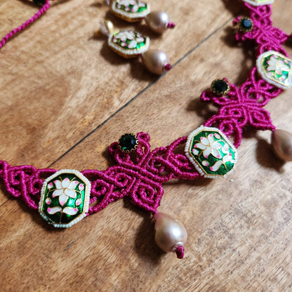 Ujjaini green lotus macrame necklace set