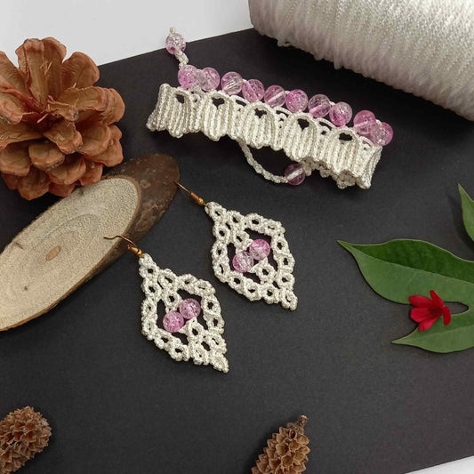 macrame bead earrings and bracelet set in white and pink