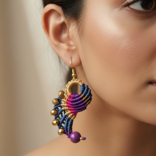 Hamsa purple blue macrame earrings