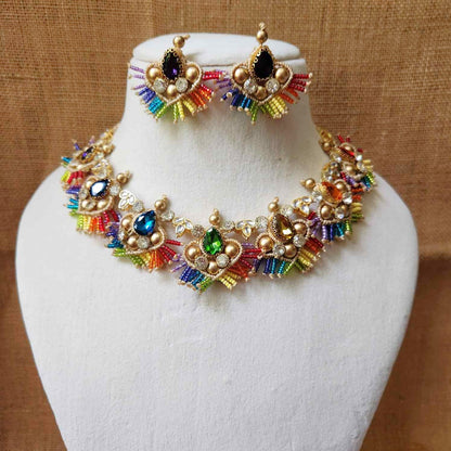stone necklace rainbow macrame necklace set gold necklace bead necklace ethnic necklace party wear sangeet haldi wedding