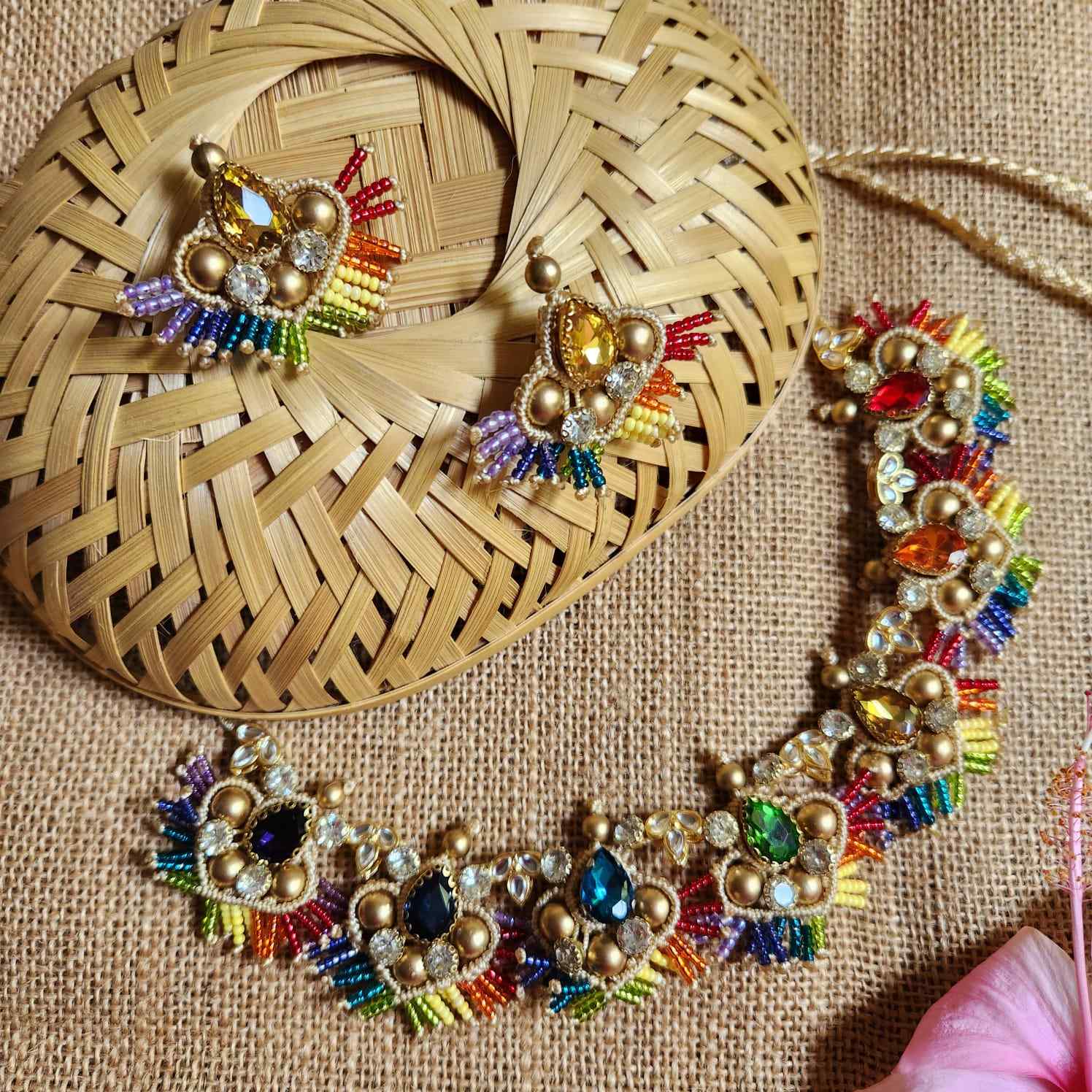 stone necklace rainbow macrame necklace set gold necklace bead necklace ethnic necklace party wear sangeet haldi wedding