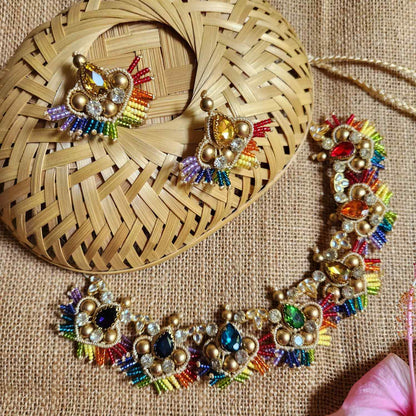 stone necklace rainbow macrame necklace set gold necklace bead necklace ethnic necklace party wear sangeet haldi wedding
