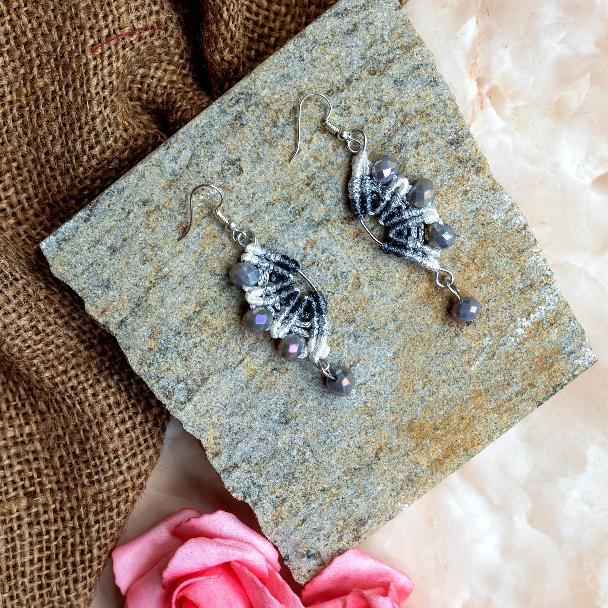 half moon shaped asymmetric macrame bead dangler earrings