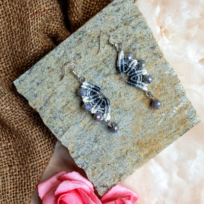 half moon shaped asymmetric macrame bead dangler earrings
