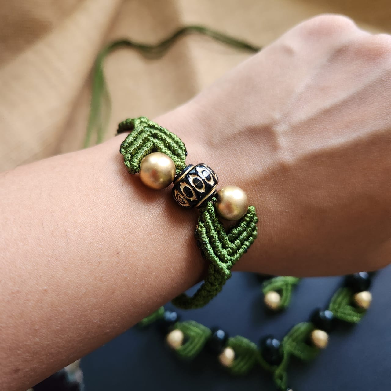macrame necklace green necklace gold bead necklace black bead necklace stud earrings dangler bead bracelet necklace set