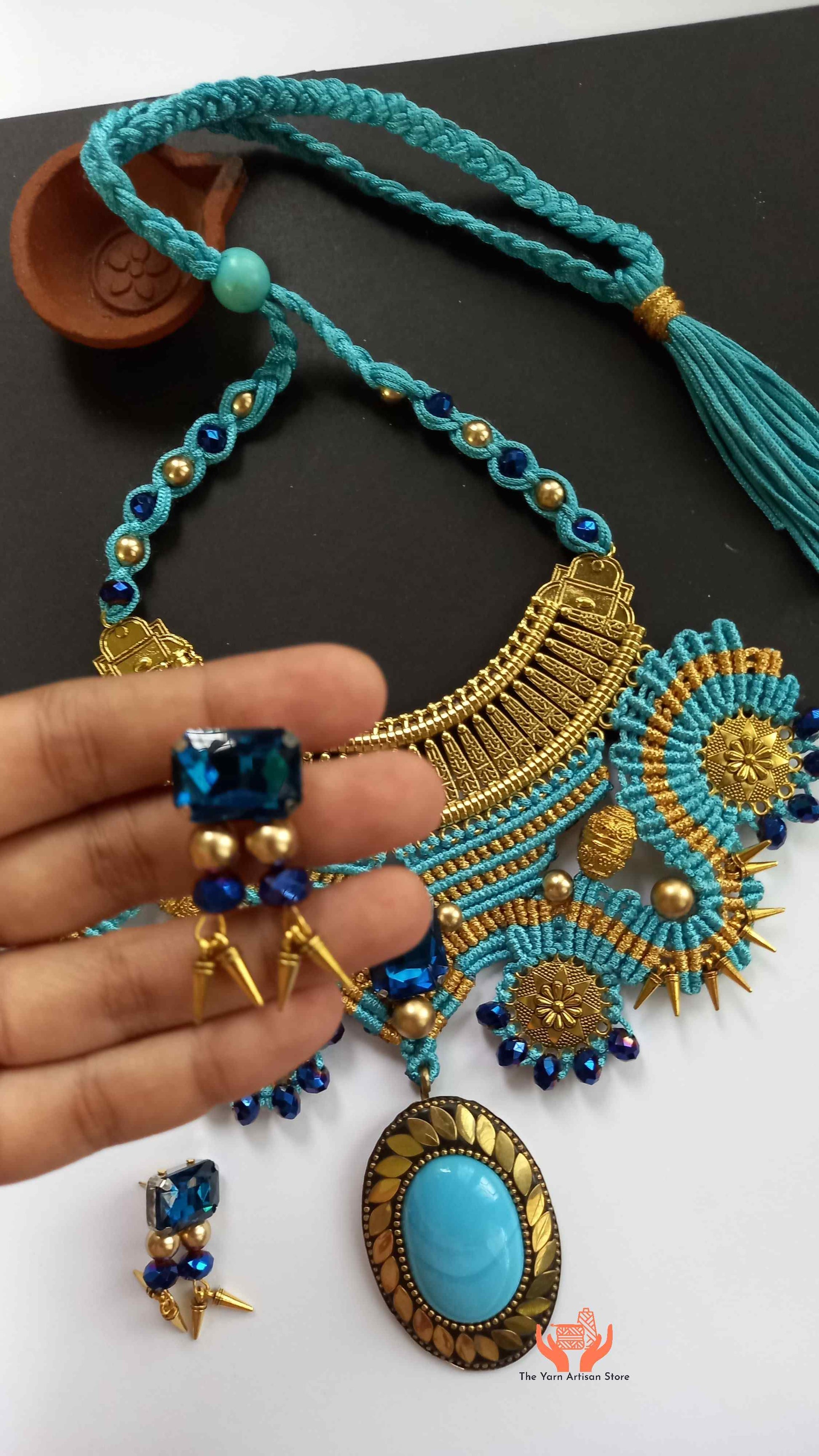 macrame collar style stone necklace and earrings set