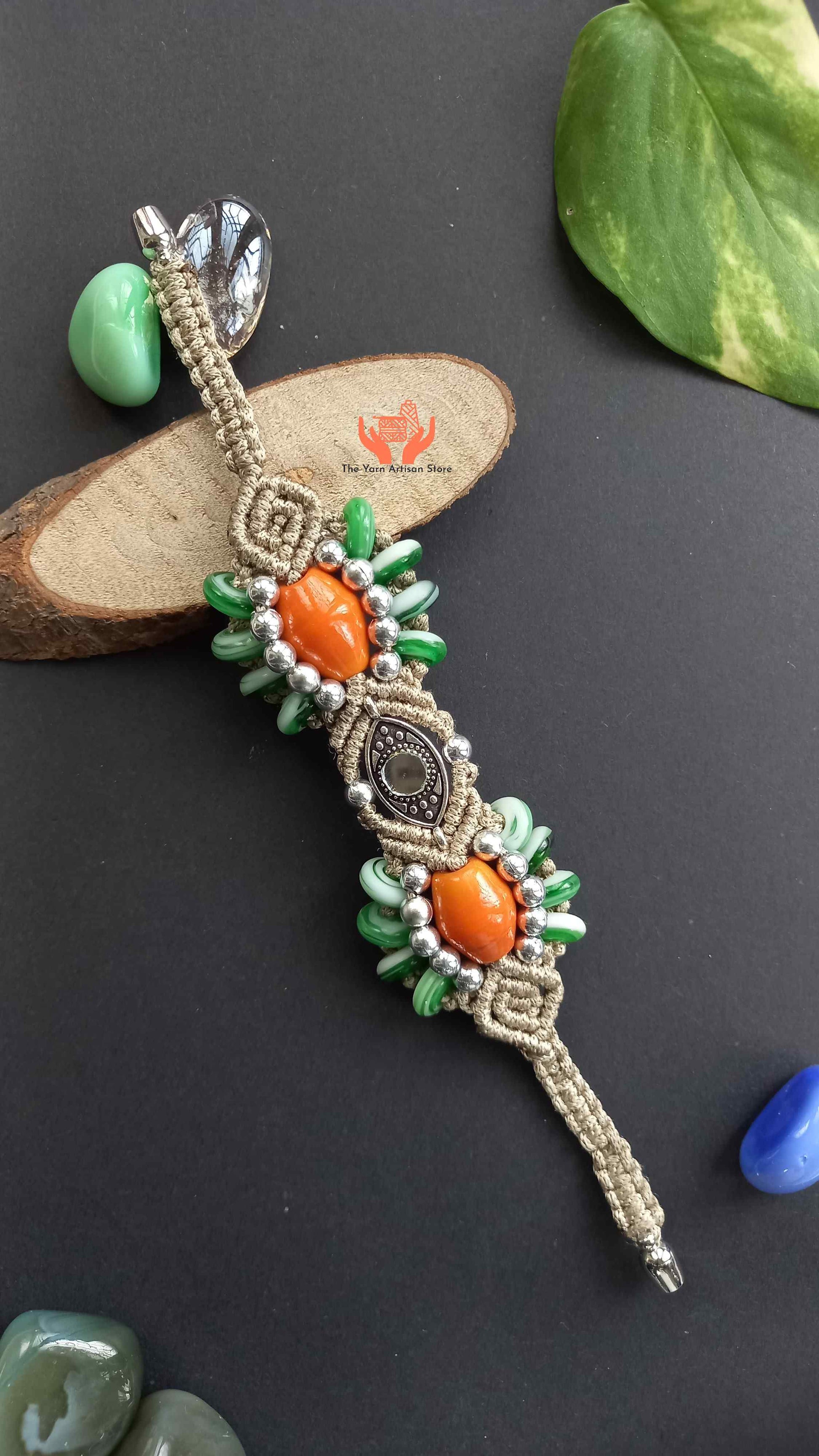 bead necklace earrings bracelet with mirror and macrame work