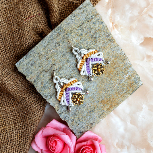 macrame dangler earrings with a floral connector and gunghroo beads