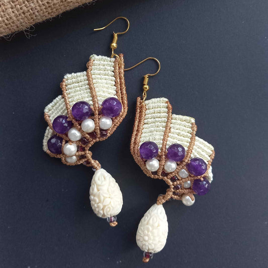 purple bead macrame earrings