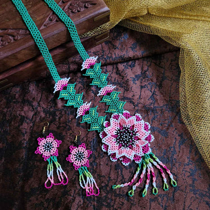 bead necklace flower necklace 3D necklace layer haldi necklace set flower earrings pink necklace