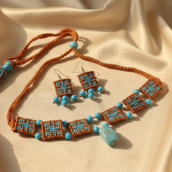 mustard and turquoise cavandoli choker set with turquoise stone pendant and matching stud earrings