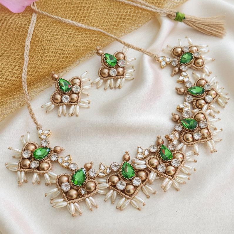 Champa green macrame necklace set
