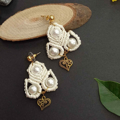 macramé stud dangler earrings with filigree heart accent