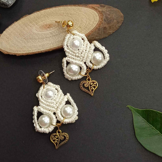 macramé stud dangler earrings with filigree heart accent