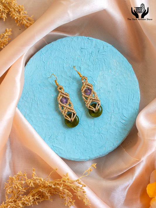 macrame dangler earrings with green doughnut beads