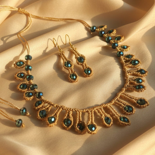 macrame necklace gold necklace bead necklace peacock blue necklace party necklace