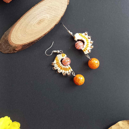 micromacrame bead earrings in cream and orange