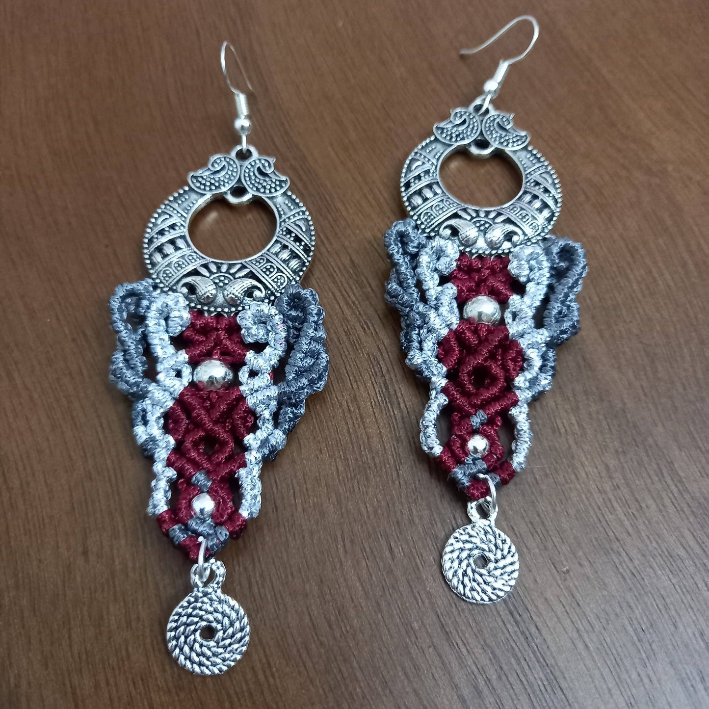 macrame dangler earrings with a chandbali and silver accents