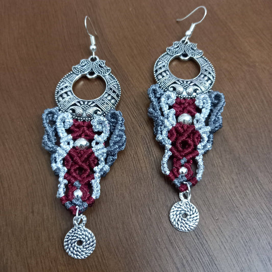 macrame dangler earrings with a chandbali and silver accents