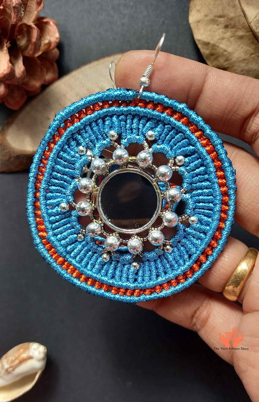macrame silver mirror earrings in blue and saffron orange