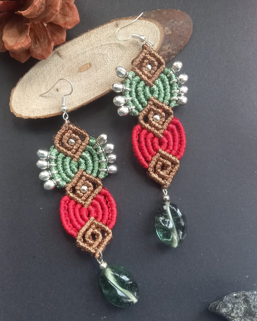 macrame long tribal style earrings with silver beads and gunghroos and glass beads