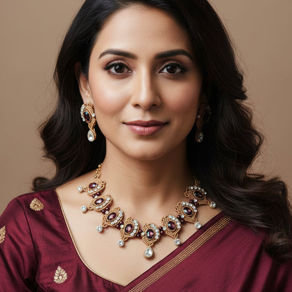 burgundy stone necklace partywear jewellery for party necklace for wedding stud earrings with stones