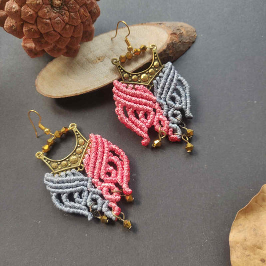 bead earrings gold earrings chandbali earrings macrame earrings pink grey earrings