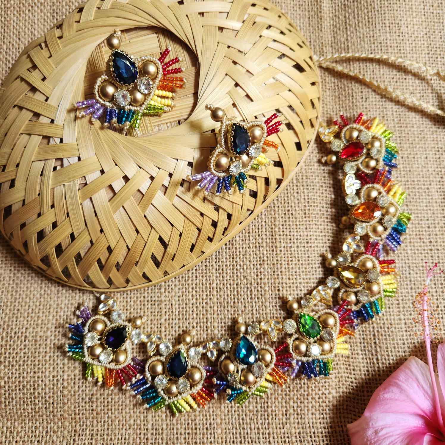 stone necklace rainbow macrame necklace set gold necklace bead necklace ethnic necklace party wear sangeet haldi wedding