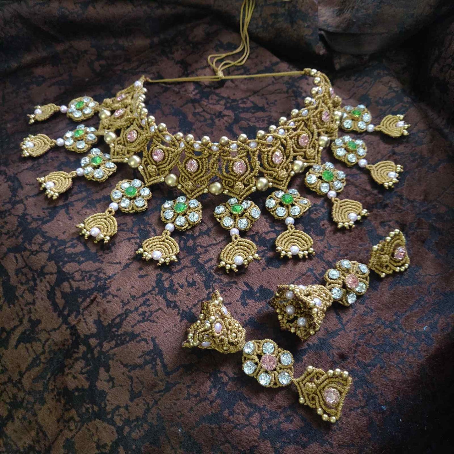 bridal necklace set wedding jewellery handmade necklace macrame floral necklace pink stone green stone white stone necklace