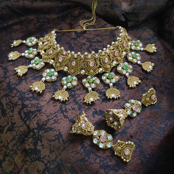 bridal necklace set wedding jewellery handmade necklace macrame floral necklace pink stone green stone white stone necklace