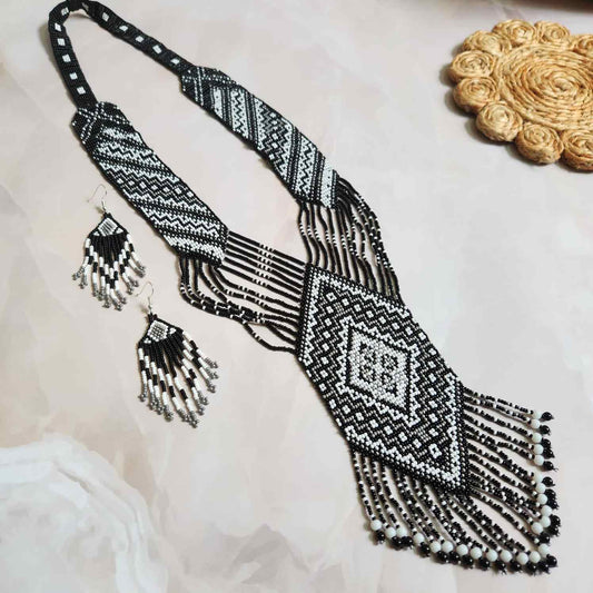 black white seed bead loom necklace geometric layer necklace party necklace cocktail wedding statement